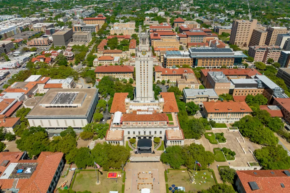 Aerial view of main tower and buildings at University of Texas, Austin.